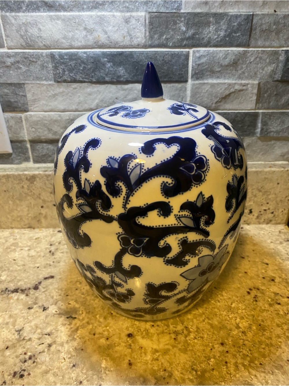 Three Hands Corp. Blue and White Asian Influenced Ginger Jar w Lid 10” H